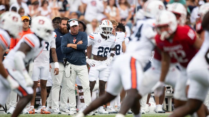 Auburn Tigers head coach Hugh Freeze watches on as Auburn Tigers take on South Alabama Jaguars at Jordan-Hare Stadium in Auburn, Ala. on Saturday, Sept. 13, 2025. Auburn Tigers defeated South Alabama Jaguars 31-15.