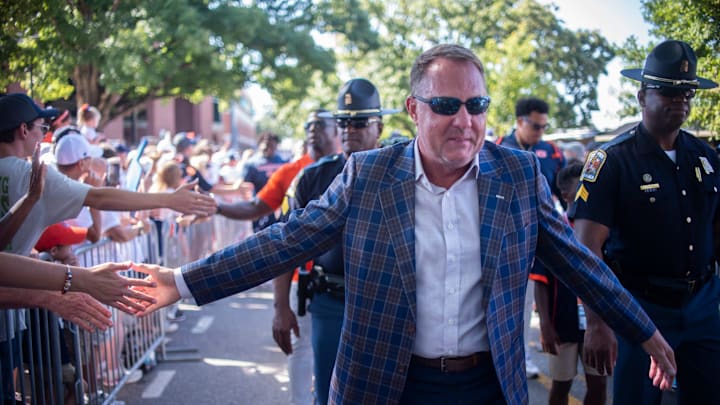 Auburn Tigers head coach Hugh Freeze greets fans during Tiger Walk before Auburn Tigers take on South Alabama Jaguars at Jordan-Hare Stadium in Auburn, Ala. on Saturday, Sept. 13, 2025.