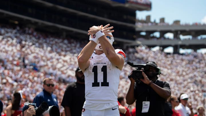 Auburn Tigers quarterback Jackson Arnold celebrates his touchdown run against the South Alabama Jaguars
