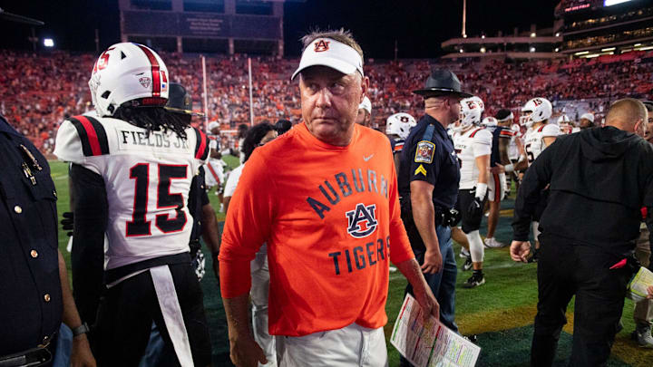 Auburn Tigers head coach Hugh Freeze walks off the field after the game as Auburn Tigers take on Ball State Cardinals at Jordan-Hare Stadium in Auburn, Ala. on Saturday, Sept. 6, 2025. Auburn Tigers defeated Ball State Cardinals 42-3.
