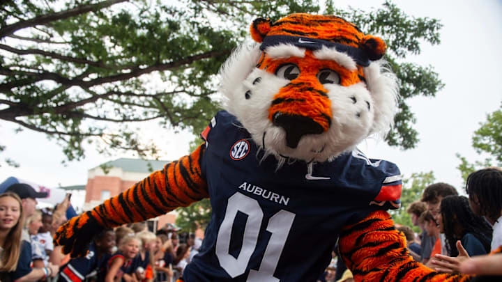 Aubie greets fans during Tiger Walk before Auburn Tigers take on Ball State Cardinals at Jordan-Hare Stadium in Auburn, Ala. on Saturday, Sept. 6, 2025.