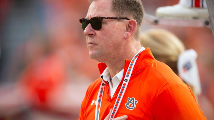 Auburn Athletic Director John Cohen looks on during the National Anthem as Auburn Tigers takes on Alabama A&M Bulldogs at Jordan-Hare Stadium in Auburn, Ala., on Saturday, Aug. 31, 2024. Auburn Tigers lead Alabama A&M Bulldogs 52-3 at halftime.