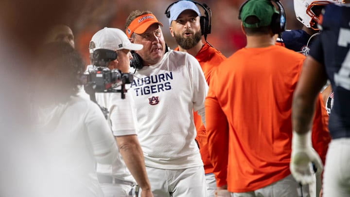 Auburn Tigers head coach Hugh Freeze watches a replay as Auburn Tigers take on Georgia Bulldogs at Jordan-Hare Stadium in Auburn, Ala. on Saturday, Oct. 11, 2025. Auburn Tigers lead Georgia Bulldogs 10-3 at halftime.