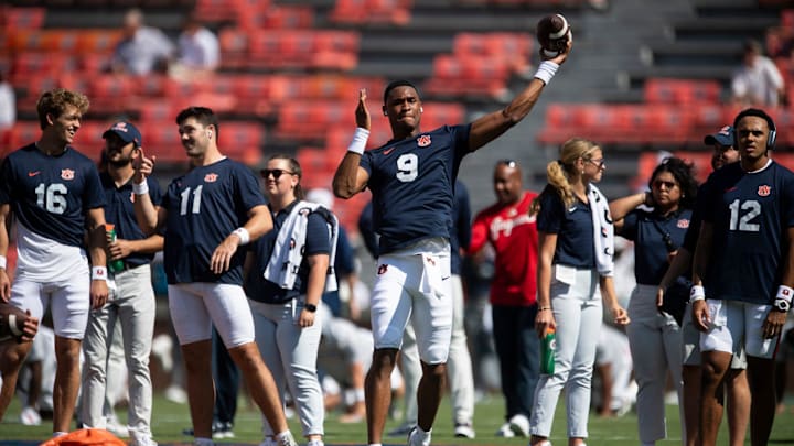 Auburn Tigers quarterback Deuce Knight (9) warms up before Auburn Tigers take on South Alabama Jaguars at Jordan-Hare Stadium in Auburn, Ala. on Saturday, Sept. 13, 2025. Auburn Tigers quarterback Deuce Knight (9) warms up before Auburn Tigers take on South Alabama Jaguars at Jordan-Hare Stadium in Auburn, Ala. on Saturday, Sept. 13, 2025.