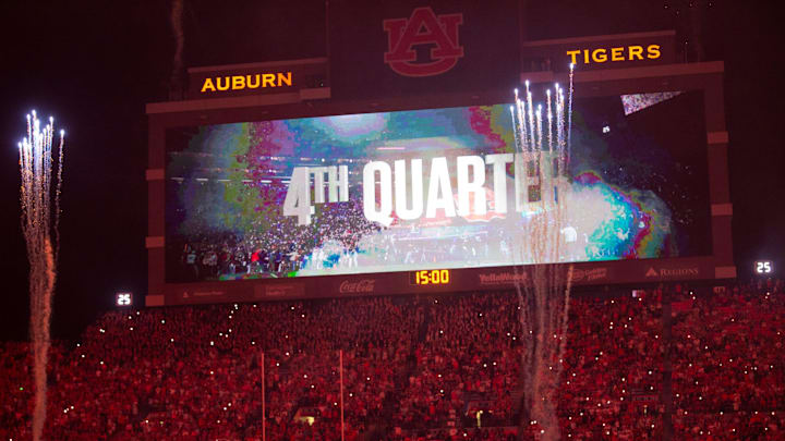 New light show to start the fourth quarter as Auburn Tigers take on Ball State Cardinals at Jordan-Hare Stadium in Auburn, Ala. on Saturday, Sept. 6, 2025. Auburn Tigers defeated Ball State Cardinals 42-3.