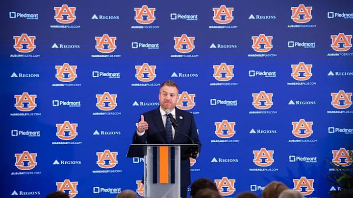 Auburn football head coach Alex Golesh speaks during his introductory press conference at Jordan-Hare Stadium in Auburn, Ala. on Monday, Dec. 1, 2025.