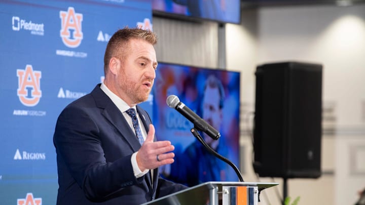 Auburn football head coach Alex Golesh speaks during his introductory press conference at Jordan-Hare Stadium in Auburn, Ala. on Monday, Dec. 1, 2025.