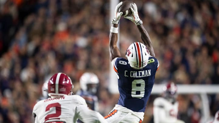 Auburn Tigers wide receiver Cam Coleman (8) catches a pass as Auburn Tigers take on Alabama Crimson Tide in the Iron Bowl at Jordan-Hare Stadium in Auburn, Ala. on Saturday, Nov. 29, 2025. Alabama Crimson Tide defeated Auburn Tigers 27-20.