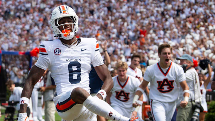 Auburn Tigers wide receiver Cam Coleman (8) celebrates his touchdown as Auburn Tigers take on South Alabama Jaguars at Jordan-Hare Stadium in Auburn, Ala. on Saturday, Sept. 13, 2025. Auburn Tigers wide receiver Cam Coleman (8) celebrates his touchdown as Auburn Tigers take on South Alabama Jaguars at Jordan-Hare Stadium in Auburn, Ala. on Saturday, Sept. 13, 2025.