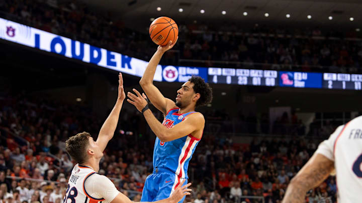 Ole Miss Rebels guard Ilias Kamardine (6) shoots a floater as Auburn Tigers take on Ole Miss Rebels at Neville Arena in Auburn, Ala. on Saturday, Feb. 28, 2026. Ole Miss Rebels guard Ilias Kamardine (6) shoots a floater as Auburn Tigers take on Ole Miss Rebels at Neville Arena in Auburn, Ala. on Saturday, Feb. 28, 2026.