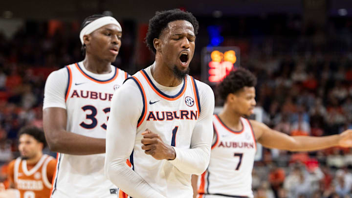 Auburn Tigers guard Kevin Overton (1) disputes a foul call as Auburn Tigers take on Texas Longhorns at Neville Arena in Auburn, Ala. on Wednesday, Jan. 28, 2026. Texas Longhorns leads Auburn Tigers 42-34.