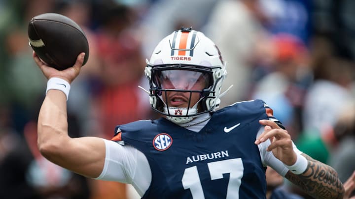 Auburn Tigers quarterback Byrum Brown (17) warms up before Auburn Tigers A-Day spring game at Jordan-Hare Stadium in Auburn, Ala. on Saturday, April 18, 2026.