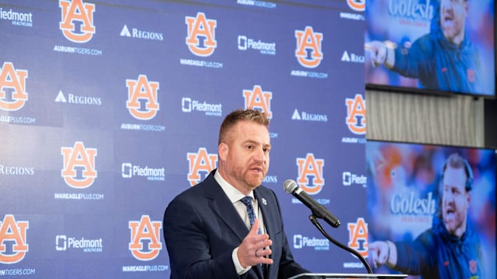 Auburn football head coach Alex Golesh speaks during his introductory press conference at Jordan-Hare Stadium in Auburn, Ala. on Monday, Dec. 1, 2025. Auburn football head coach Alex Golesh speaks during his introductory press conference at Jordan-Hare Stadium in Auburn, Ala. on Monday, Dec. 1, 2025.