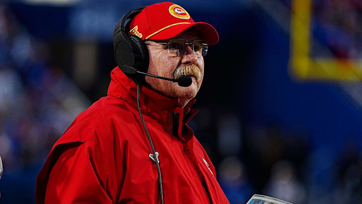 Kansas City's head coach Andy Reid looks towards his team on the field during first half action against the Kansas City Chiefs in Orchard Park, Nov.17, 2024.