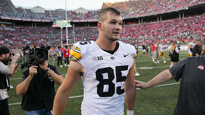 Oct 5, 2024; Columbus, OH, USA; Iowa Hawkeyes tight end Luke Lachey (85) walks off the field after losing to Ohio State Buckeyes after the NCAA football game at Ohio Stadium.