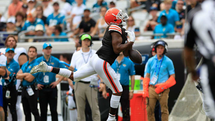Cleveland Browns wide receiver Amari Cooper (2) can’t haul in a reception during the second quarter of an NFL football matchup Sunday, Sept. 15, 2024 at EverBank Stadium in Jacksonville, Fla.