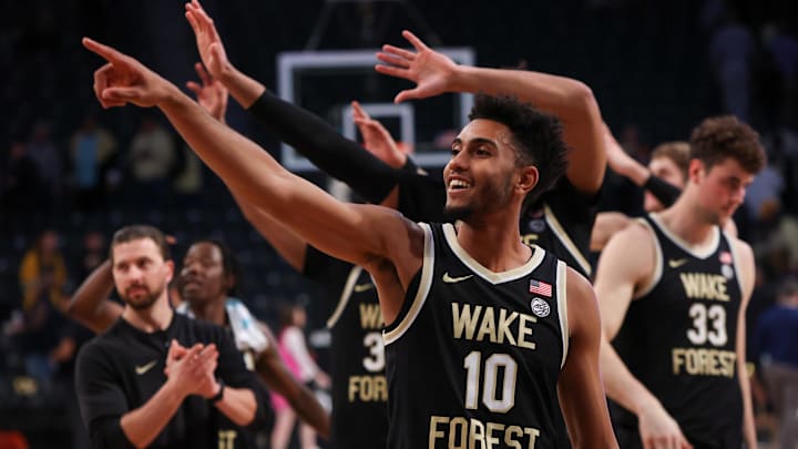 Feb 6, 2024; Atlanta, Georgia, USA; Wake Forest Demon Deacons guard Abramo Canka (10) reacts