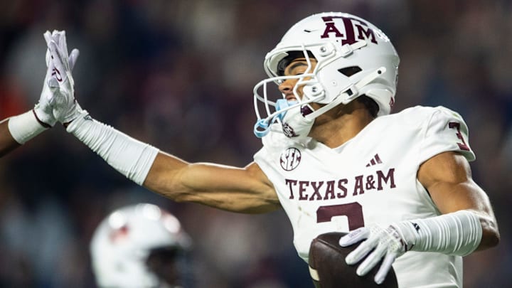 Texas A&M Aggies wide receiver Noah Thomas celebrates his touchdown catch and run as Auburn Tigers take on Texas A&M Aggies at Jordan-Hare Stadium in Auburn, Ala., on Saturday, Sept. 7, 2024. Auburn Tigers defeated Texas A&M Aggies 43-41 in fourth overtime.