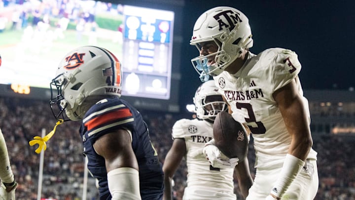 Texas A&M Aggies wide receiver Noah Thomas (3) celebrates his touchdown catch as Auburn Tigers take on Texas A&M Aggies at Jordan-Hare Stadium in Auburn, Ala., on Saturday, Sept. 7, 2024. Auburn Tigers defeated Texas A&M Aggies 43-41 in fourth overtime.