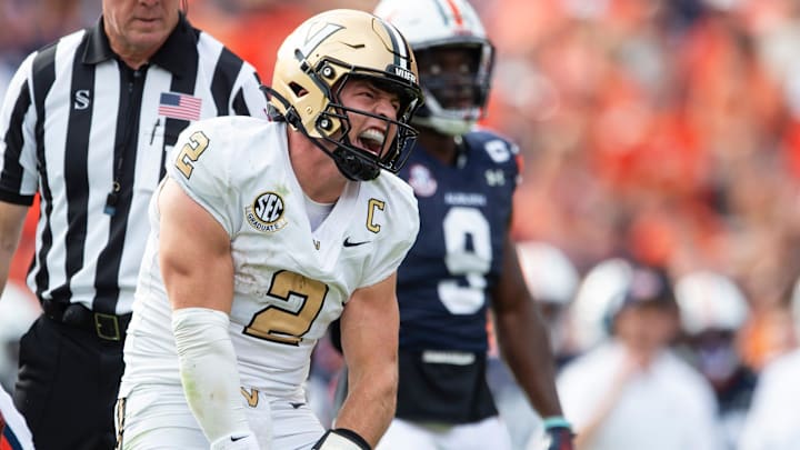 Vanderbilt Commodores quarterback Diego Pavia (2) celebrates a first down as Auburn Tigers take on Vanderbilt Commodores at Jordan-Hare Stadium in Auburn, Ala., on Saturday, Nov. 2, 2024. Vanderbilt Commodores defeated Auburn Tigers 17-7.