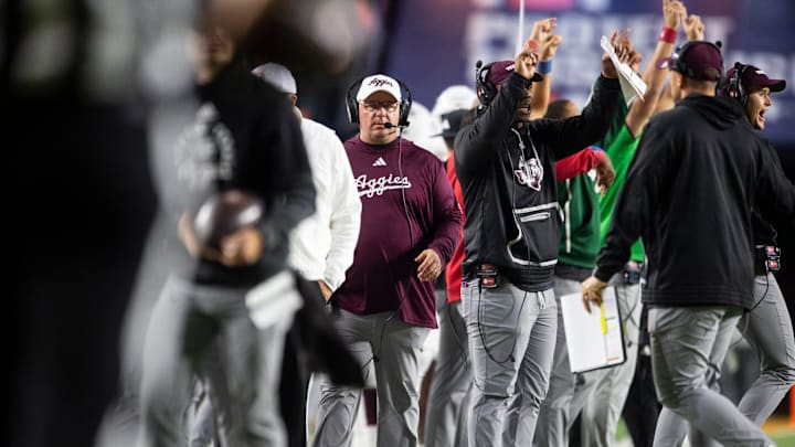 Texas A&M Aggies head coach Mike Elko watches on from the sideline as Auburn Tigers take on Texas A&M Aggies at Jordan-Hare Stadium in Auburn, Ala., on Saturday, Sept. 7, 2024. Auburn Tigers lead Texas A&M Aggies 21-7 at halftime.