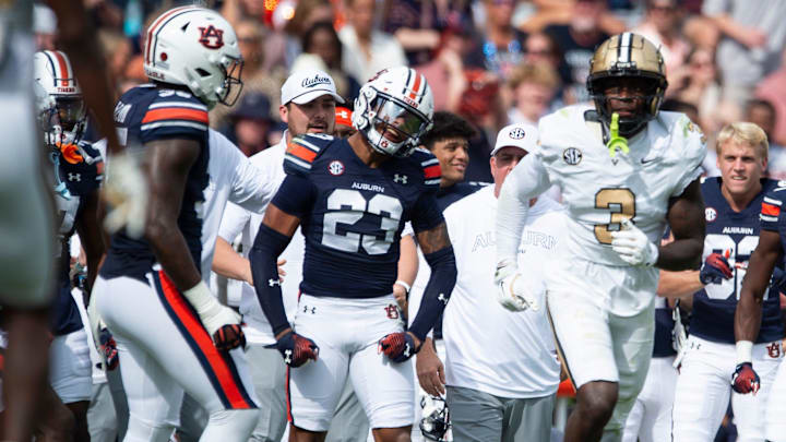 Auburn Tigers defensive back Jay Crawford (23) celebrates a pass break up as Auburn Tigers take on Vanderbilt Commodores at Jordan-Hare Stadium in Auburn, Ala., on Saturday, Nov. 2, 2024. Auburn Tigers and Vanderbilt Commodores are tied 7-7 at halftime.