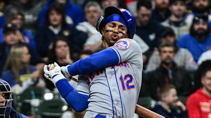 Apr 3, 2023; Milwaukee, Wisconsin, USA; New York Mets shortstop Francisco Lindor (12) loses his