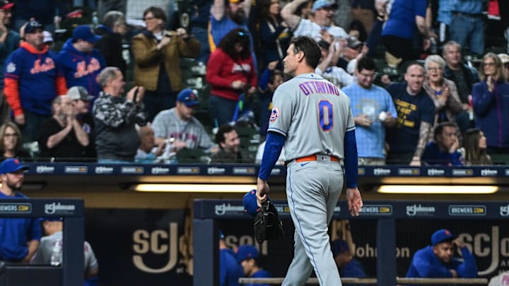 Apr 5, 2023; Milwaukee, Wisconsin, USA; New York Mets pitcher Adam Ottavino (0) walks off the field