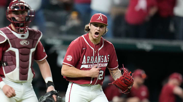 Feb 17, 2023; Arlington, TX, USA; Arkansas pitcher Brady Tygart (25) reacts after the final out of