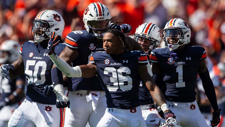 Auburn Tigers defensive back Jaylin Simpson (36) celebrates his interception as Auburn Tigers take