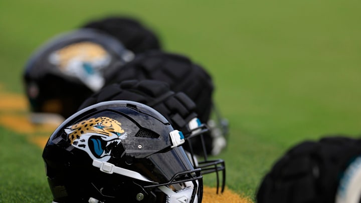 The helmet of Jacksonville Jaguars linebacker Josh Hines-Allen (41) sits at the back of the end zone during the third day of an NFL football training camp practice Friday, July 26, 2024 at EverBank Stadium’s Miller Electric Center in Jacksonville, Fla. The helmet of Jacksonville Jaguars linebacker Josh Hines-Allen (41) sits at the back of the end zone during the third day of an NFL football training camp practice Friday, July 26, 2024 at EverBank Stadium’s Miller Electric Center in Jacksonville, Fla.