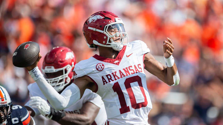 Arkansas Razorbacks quarterback Taylen Green throws a pass against the Auburn Tigers.