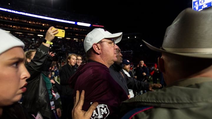 Texas A&M Aggies head coach Mike Elko makes his way off the field after the game as Auburn Tigers take on Texas A&M Aggies at Jordan-Hare Stadium in Auburn, Ala., on Saturday, Sept. 7, 2024. Auburn Tigers defeated Texas A&M Aggies 43-41 in fourth overtime.