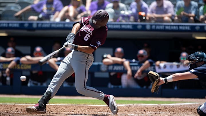Texas A&M Aggies' Kaeden Kent (6) swings at the ball as Auburn Tigers take on Texas A&M Aggies during the SEC baseball tournament at Hoover Met in Birmingham, Ala., on Thursday, May 22, 2025.