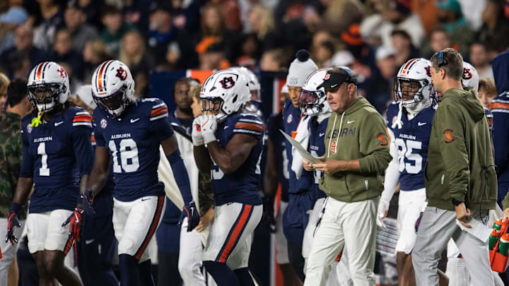 Auburn Tigers head coach Hugh Freeze watches on as Auburn Tigers take on Kentucky Wildcats at Jordan-Hare Stadium in Auburn, Ala. on Saturday, Nov. 1, 2025. Auburn Tigers and Kentucky Wildcats are tied 3-3 at halftime.