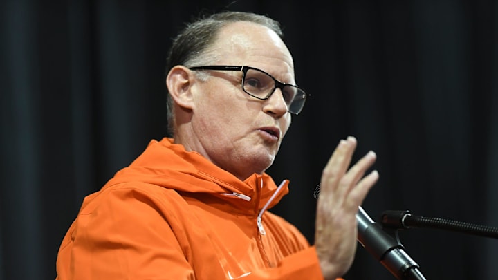 Clemson defensive coordinator Tom Allen speaks during the Clemson Club football National Signing Day wrap up presented by Clemson Seneca Chick-Fil-A at the Poe Indoor Practice Facility at Clemson University in Clemson, S.C. Feb 5, 2025. Clemson defensive coordinator Tom Allen speaks during the Clemson Club football National Signing Day wrap up presented by Clemson Seneca Chick-Fil-A at the Poe Indoor Practice Facility at Clemson University in Clemson, S.C. Feb 5, 2025.