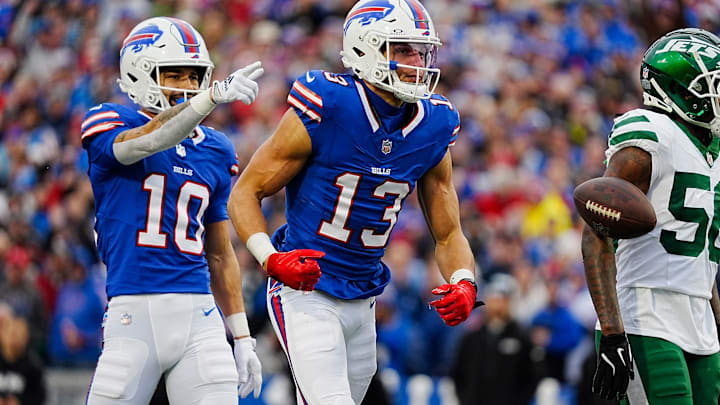 Buffalo Bills wide receiver Khalil Shakir (10) and Buffalo Bills wide receiver Mack Hollins (13) celebrate yards gained on a pass during first half action at the Bills home game against the New York Jets at Highmark Stadium in Orchard Park on Dec. 29, 2024. Buffalo Bills wide receiver Khalil Shakir (10) and Buffalo Bills wide receiver Mack Hollins (13) celebrate yards gained on a pass during first half action at the Bills home game against the New York Jets at Highmark Stadium in Orchard Park on Dec. 29, 2024.