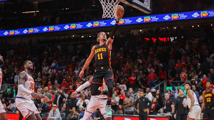 Oct 27, 2023; Atlanta, Georgia, USA; Atlanta Hawks guard Trae Young (11) shoots against the New York Knicks in the second half at State Farm Arena. Mandatory Credit: Brett Davis-Imagn Images Oct 27, 2023; Atlanta, Georgia, USA; Atlanta Hawks guard Trae Young (11) shoots against the New York Knicks in the second half at State Farm Arena. Mandatory Credit: Brett Davis-Imagn Images