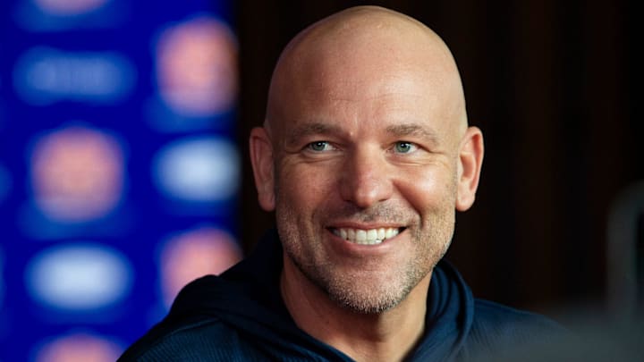 New Arkansas Razorbacks special teams coordinator Chad Lunsford during a media appearance with Auburn in 2025.