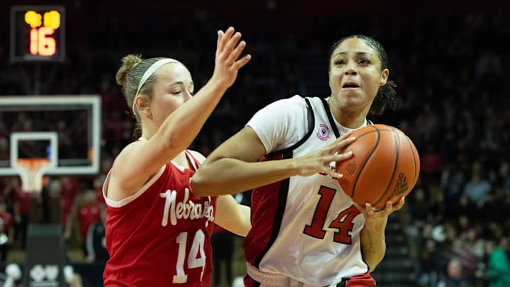 Rutgers’ JoJO Lacey drives to the basket against Nebraska CVallin Hake. Rutgers Women’s Basketball falls to Nebraska 69-62 in Piscataway, NJ on January 12, 2025.