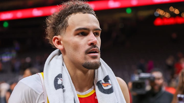 Dec 18, 2023; Atlanta, Georgia, USA; Atlanta Hawks guard Trae Young (11) walks off the court after a victory against the Detroit Pistons at State Farm Arena. Mandatory Credit: Brett Davis-Imagn Images 