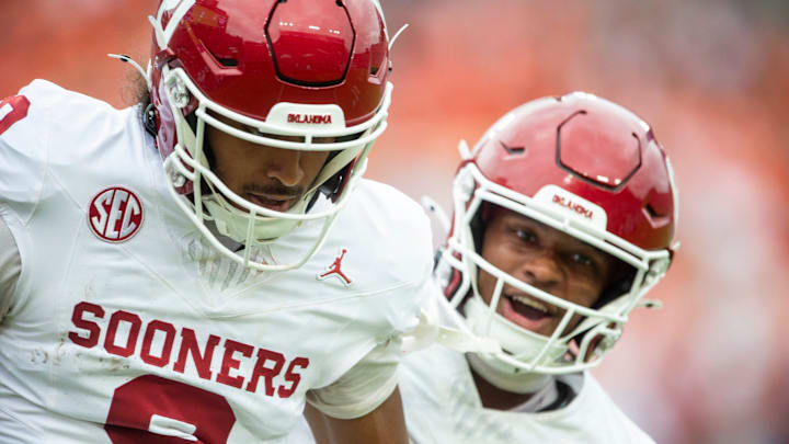 Oklahoma Sooners quarterback Michael Hawkins Jr. (9) celebrates his touchdown run as Auburn Tigers take on Oklahoma Sooners at Jordan-Hare Stadium in Auburn, Ala., on Saturday, Sept. 28, 2024. Oklahoma Sooners quarterback Michael Hawkins Jr. (9) celebrates his touchdown run as Auburn Tigers take on Oklahoma Sooners at Jordan-Hare Stadium in Auburn, Ala., on Saturday, Sept. 28, 2024.
