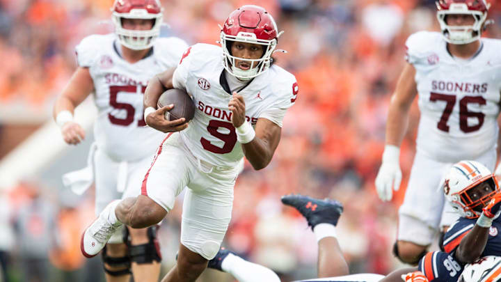 Oklahoma Sooners quarterback Michael Hawkins Jr. (9) runs the ball as Auburn Tigers take on Oklahoma Sooners at Jordan-Hare Stadium in Auburn, Ala., on Saturday, Sept. 28, 2024. Oklahoma Sooners defeated Auburn Tigers 27-21.