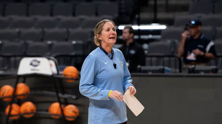 North Carolina Tar Heels head coach Courtney Banghart talks with her team during practice before their Sweet 16 matchup with Duke at Legacy Arena in Birmingham, Ala., on Thursday, March 27, 2025.