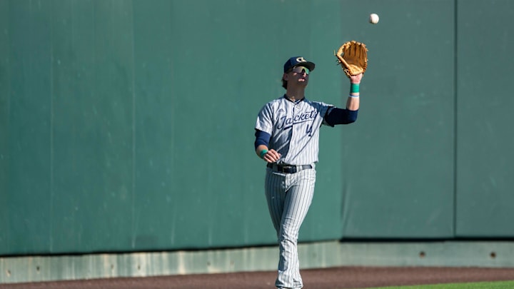 Georgia Tech Yellow Jackets’ Alex Hernandez (4) catches a fly ball as Auburn Tigers take on Georgia Tech Yellow Jackets at Plainsman Park in Auburn, Ala. on Tuesday, March 17, 2026.