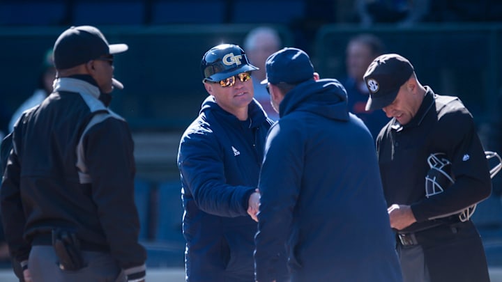 Georgia Tech Yellow Jackets head coach James Ramsey and Auburn Tigers head coach Butch Thompson shake hands before the game as Auburn Tigers take on Georgia Tech Yellow Jackets at Plainsman Park in Auburn, Ala. on Tuesday, March 17, 2026.