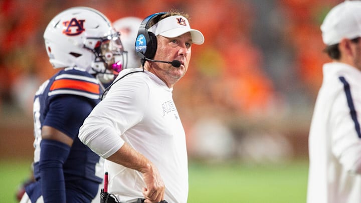 Auburn Tigers head coach Hugh Freeze looks on from the sideline as Auburn Tigers takes on Alabama A&M Bulldogs at Jordan-Hare Stadium in Auburn, Ala., on Saturday, Aug. 31, 2024. Auburn Tigers defeated Alabama A&M Bulldogs 73-3.