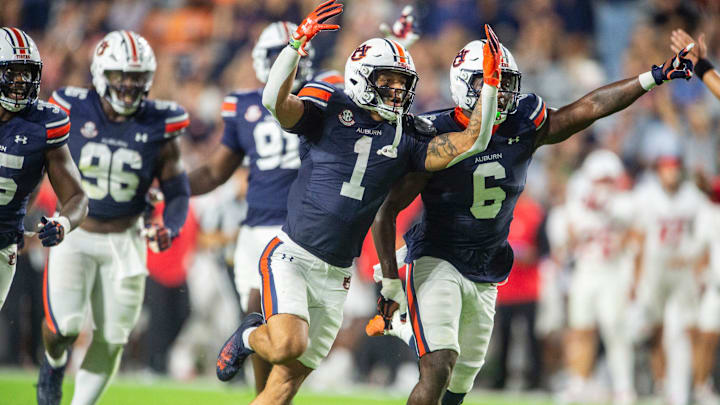 Auburn Tigers defensive back Jerrin Thompson (1) celebrates his interception as Auburn Tigers take on New Mexico Lobos at Jordan-Hare Stadium in Auburn, Ala., on Saturday, Sept. 14, 2024.