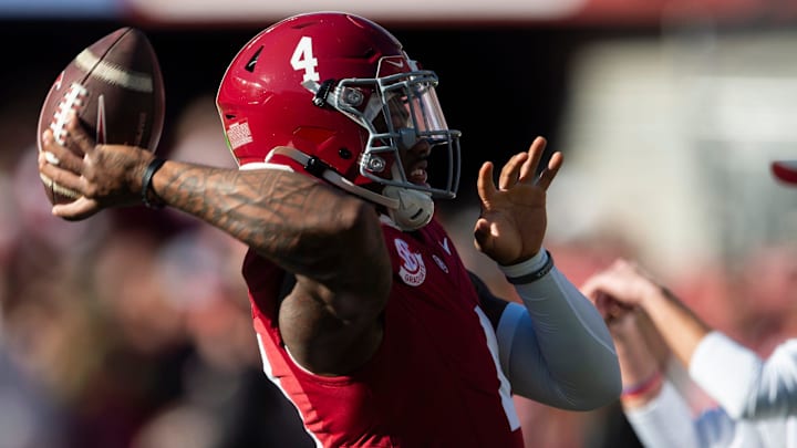 Alabama Crimson Tide quarterback Jalen Milroe (4) throws the ball during warm ups as Auburn Tigers take on Alabama Crimson Tide at Bryant-Denny Stadium in Tuscaloosa, Ala., on Saturday, Nov. 30, 2024.