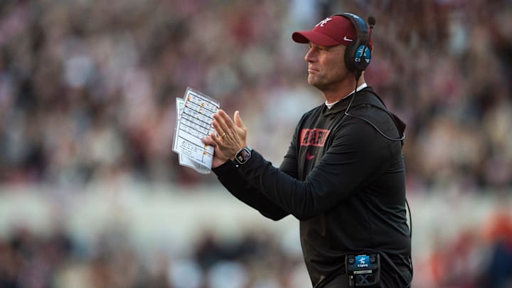 Alabama Crimson Tide head coach Kalen DeBoer encourages his team as Auburn Tigers take on Alabama Crimson Tide at Bryant-Denny Stadium in Tuscaloosa, Ala., on Saturday, Nov. 30, 2024. Alabama Crimson Tide defeated Auburn Tigers 28-14.